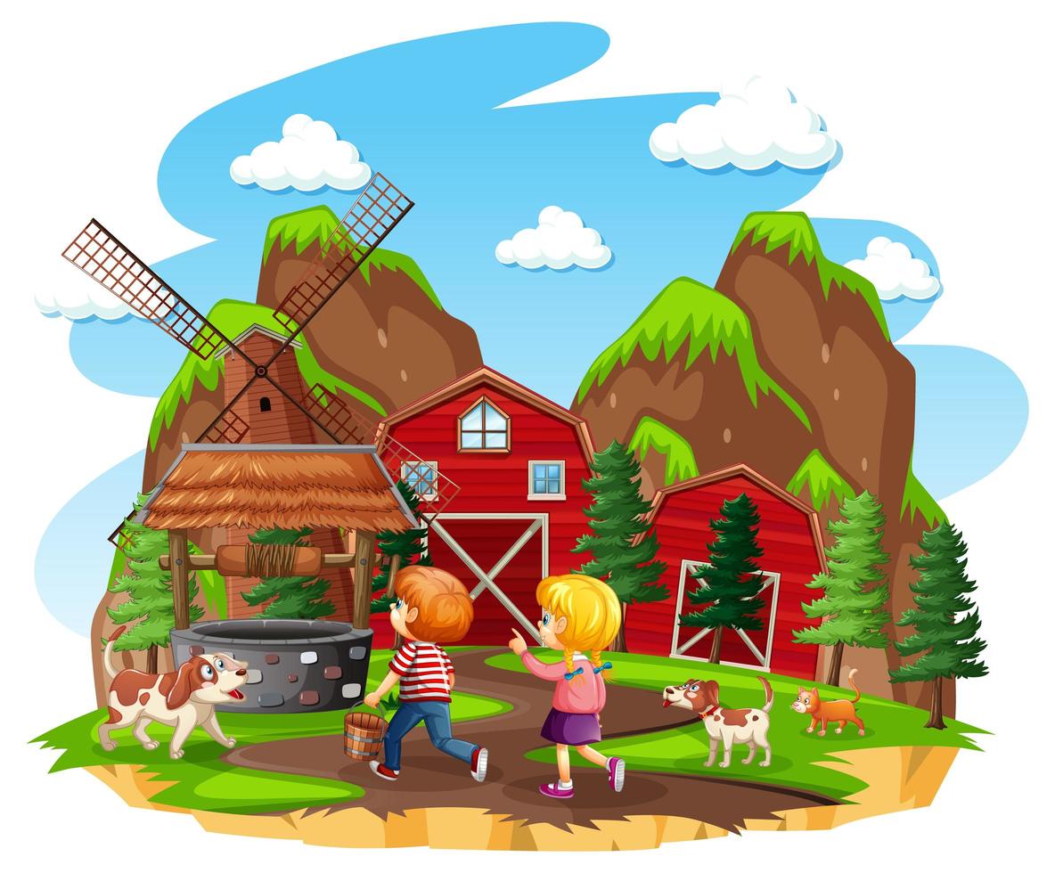 Farm with red barn and windmill on white background vector