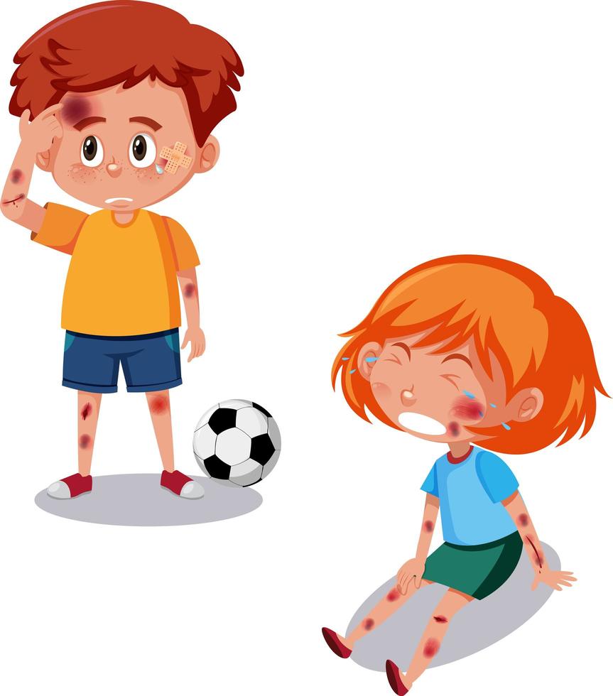 niño y niña heridos en la cabeza y el brazo por jugar al fútbol vector