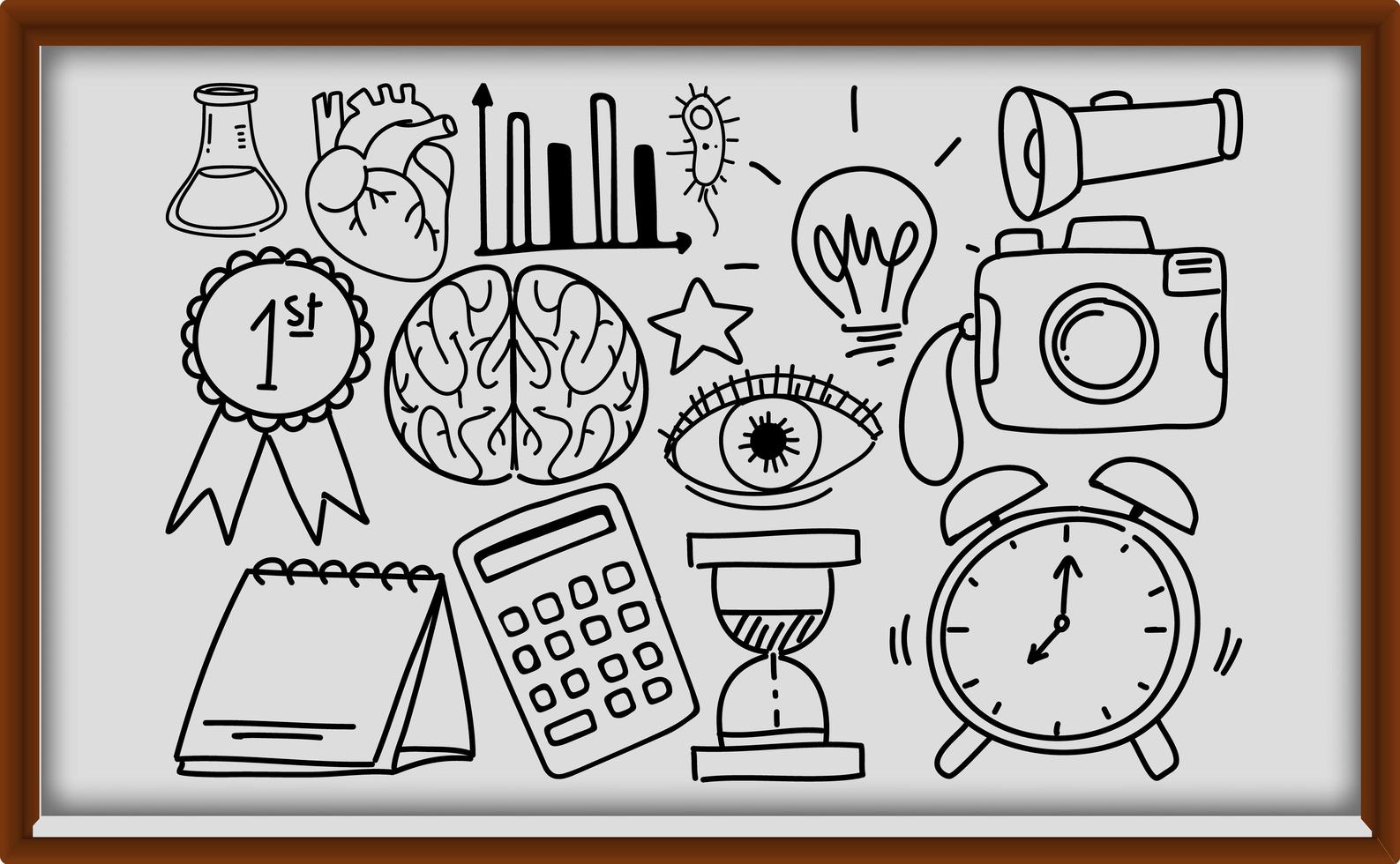 Different doodle strokes about school equipment on wooden frame vector