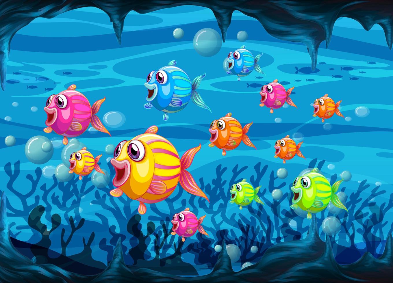 muchos personajes de dibujos animados de peces exóticos en el fondo  submarino 1591040 Vector en Vecteezy