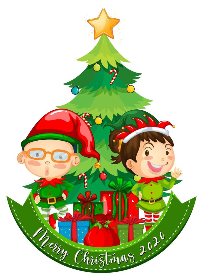 Merry Christmas 2020 font banner with cute elf and many gifts on white background vector