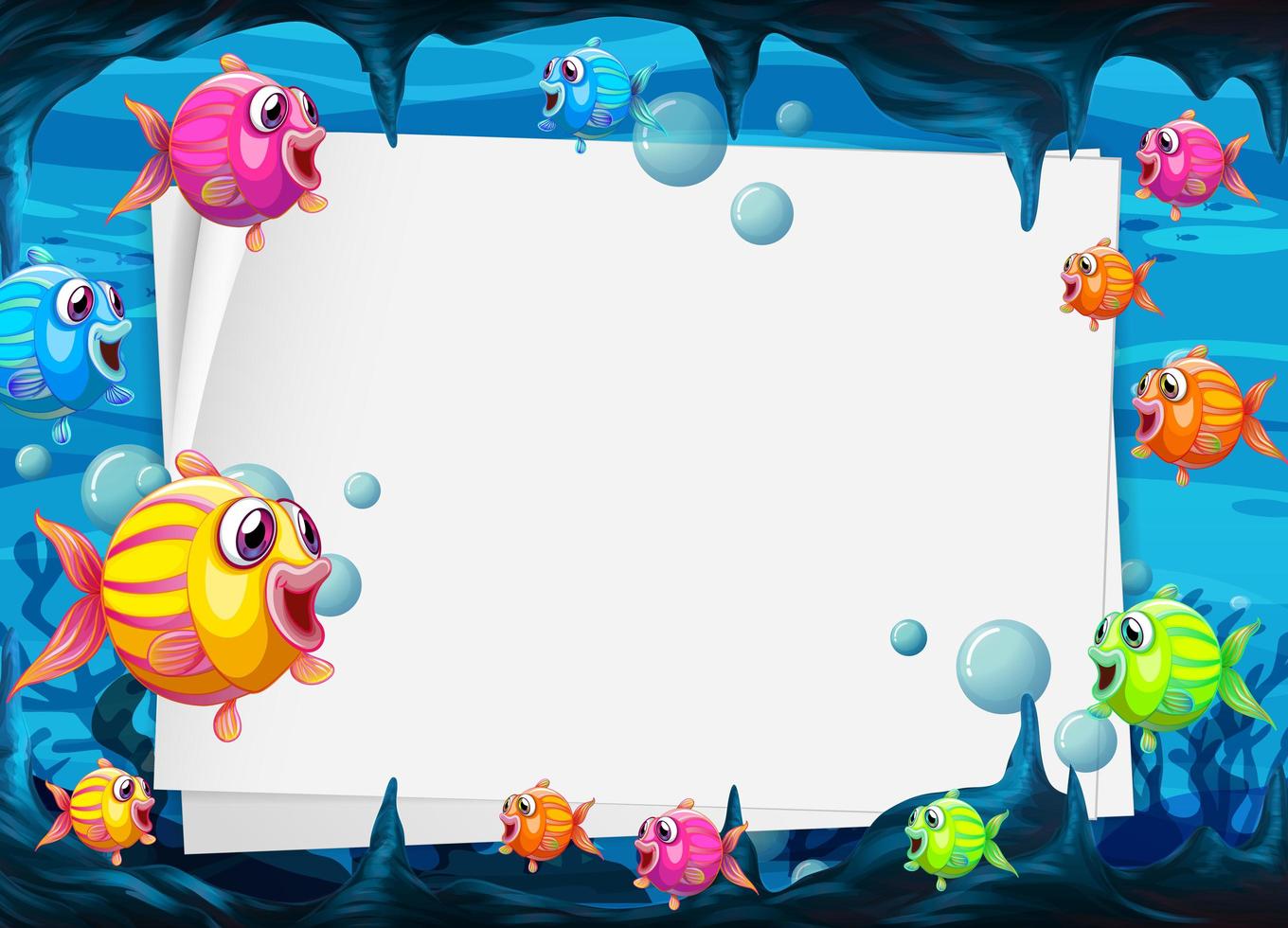 Blank paper template with exotic fishes cartoon character in the underwater scene vector
