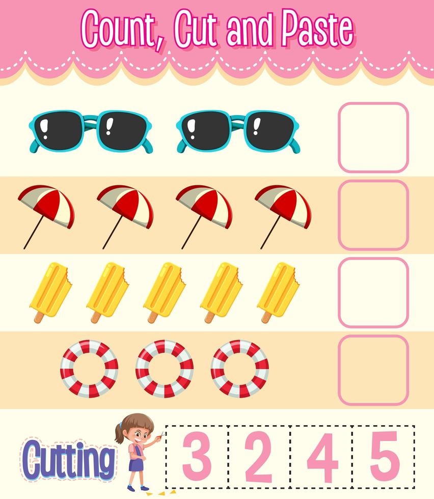 Count, Cut and Paste maths worksheet for children vector