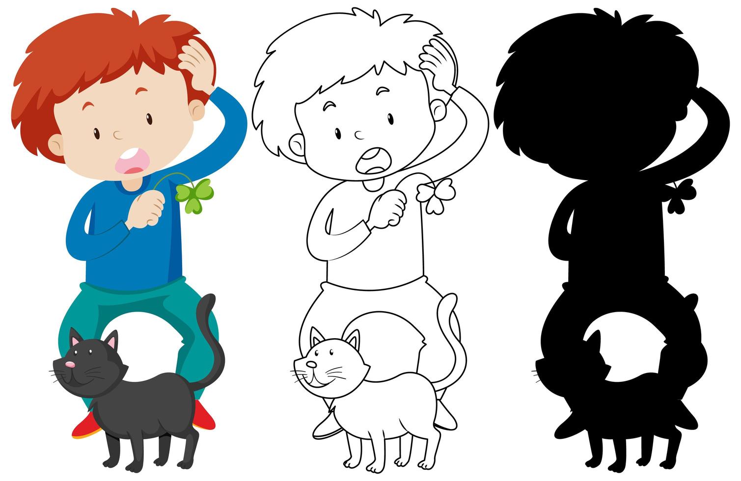 Boy playing with cat in colour and silhouette and outline vector