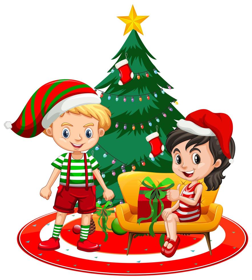 Los niños usan traje de Navidad personaje de dibujos animados con árbol de  Navidad sobre fondo blanco. 1591089 Vector en Vecteezy