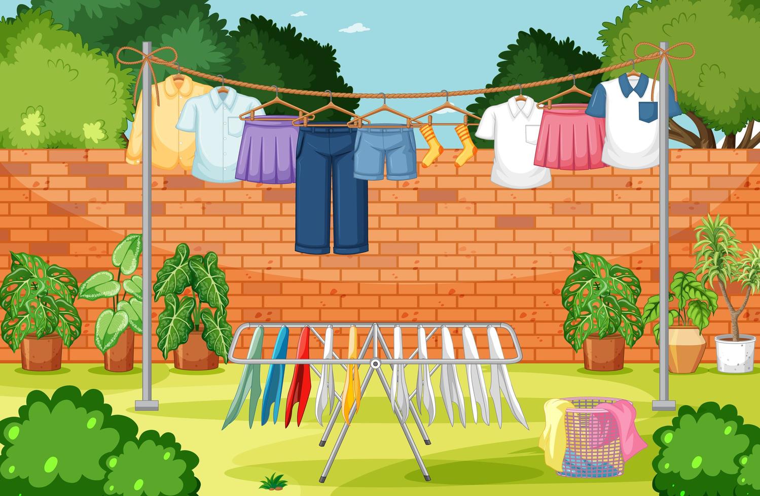Clothes hanging on line in the yard vector