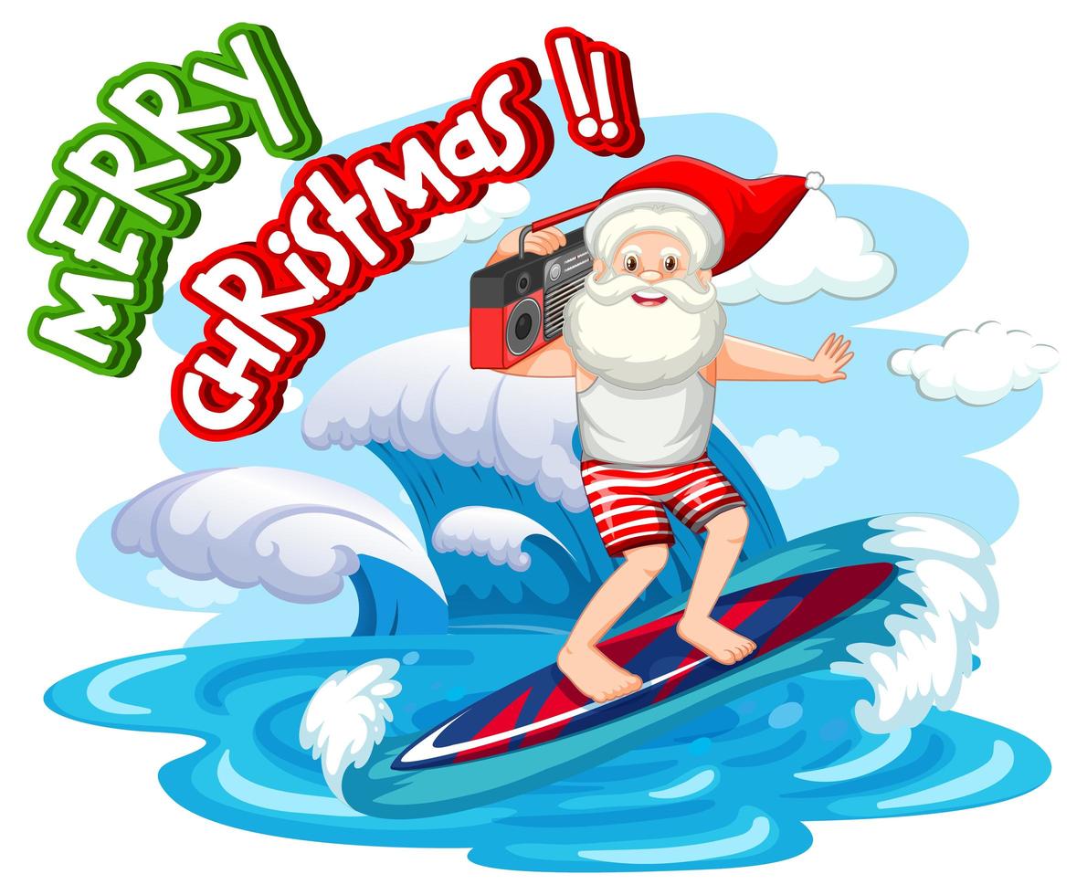 Santa Claus surfing at the beach for summer christmas vector