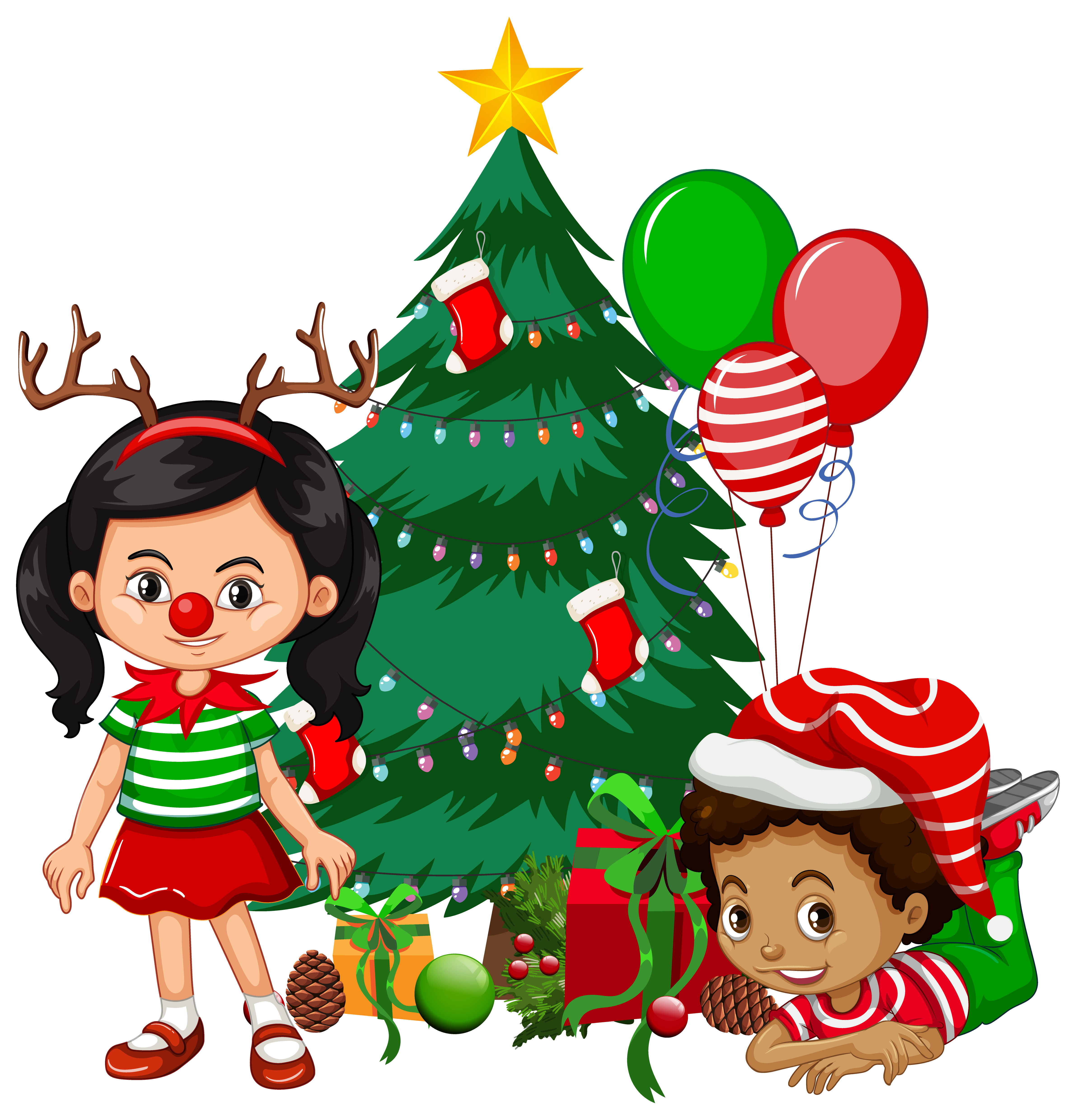 modo relé domesticar Los niños usan traje de Navidad personaje de dibujos animados con árbol de  Navidad sobre fondo blanco. 1591114 Vector en Vecteezy