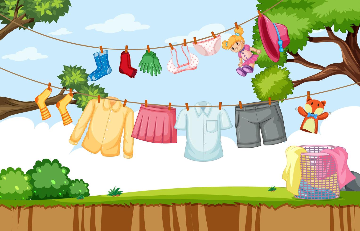 Clothes hanging on line in the yard vector