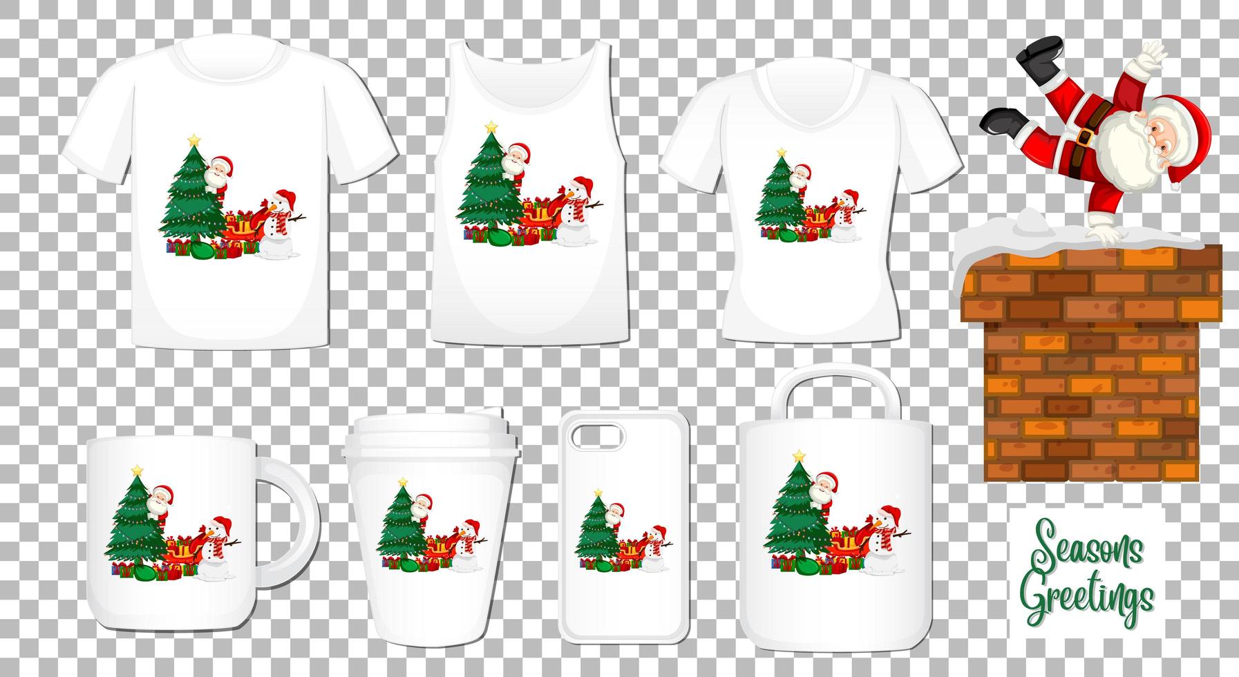 Santa claus bailando personaje de dibujos animados con un conjunto de diferentes productos de ropa y accesorios sobre fondo transparente vector