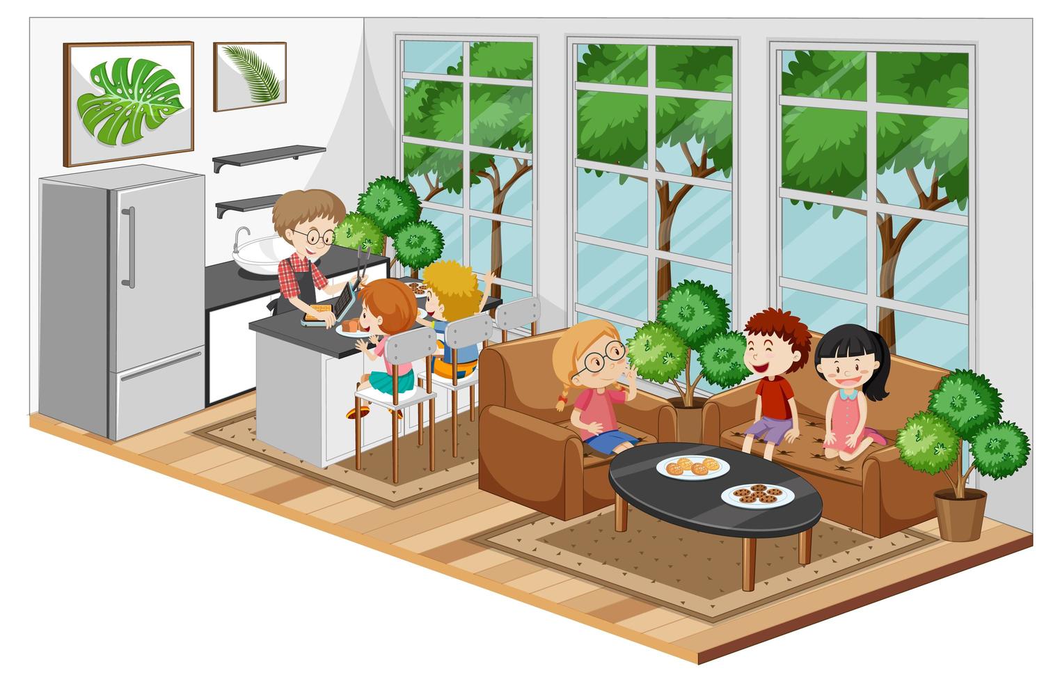 familia feliz en la sala de estar y en la cocina vector