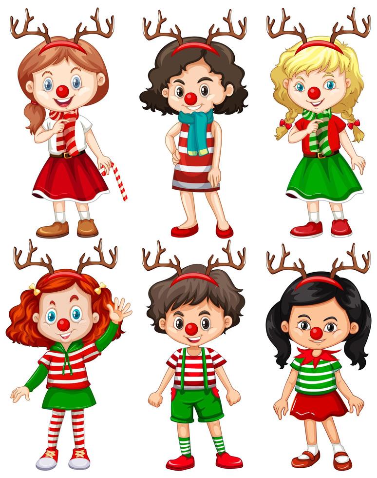 Set of different children wearing reindeer headband and red nose Christmas costume vector