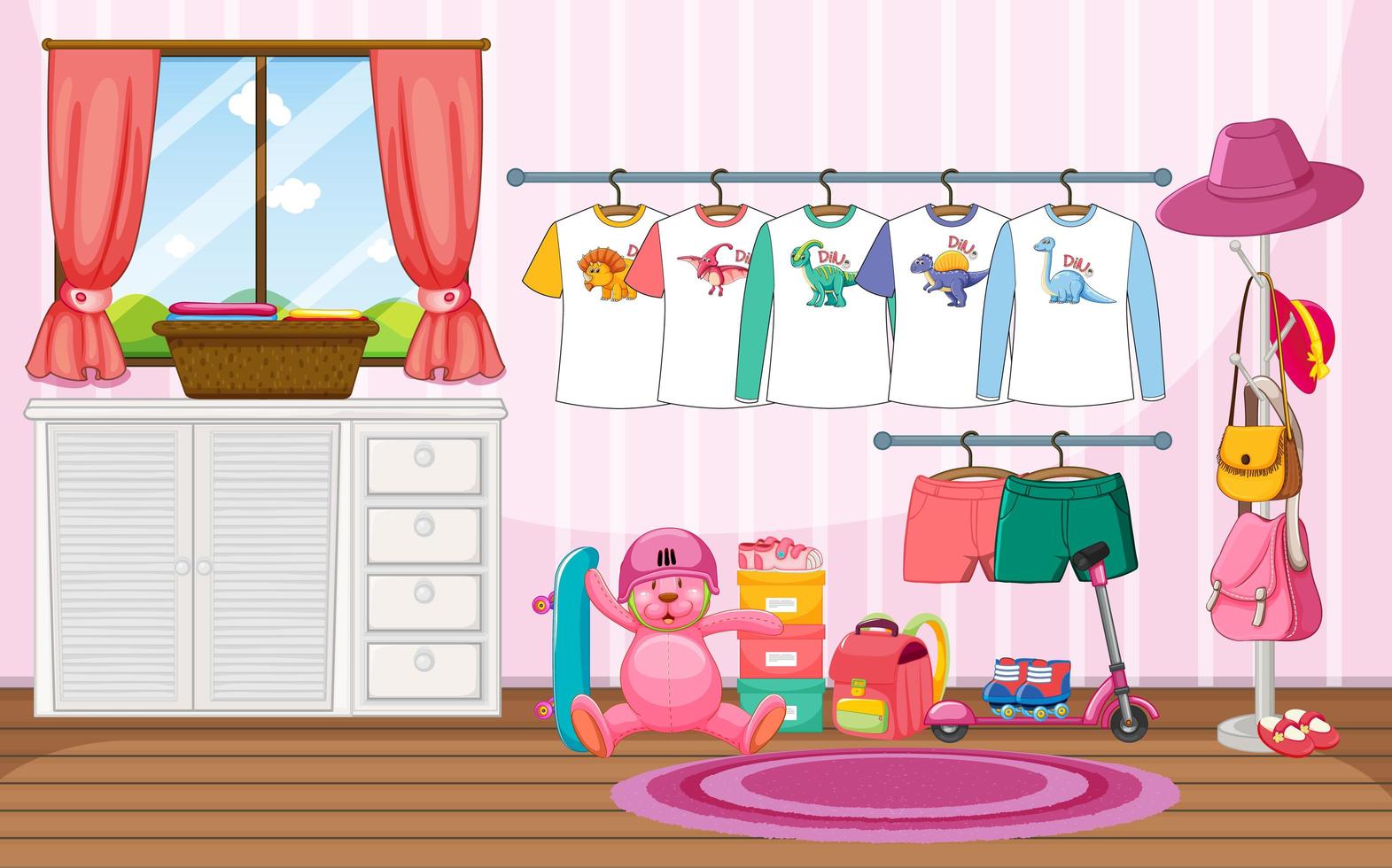 Children clothes on a clothesline with many toys in the room scene vector