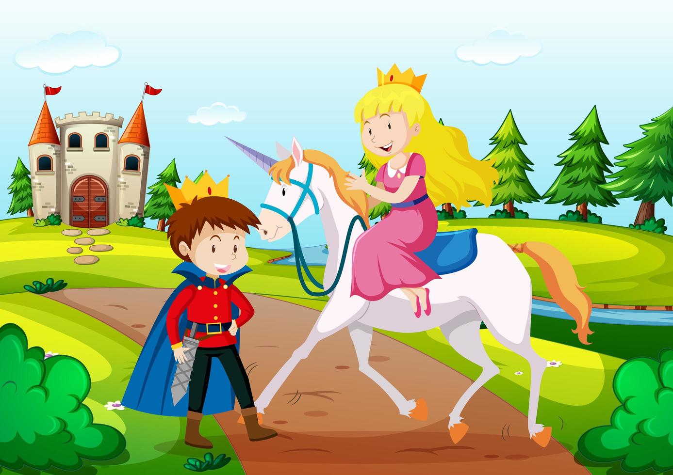 Prince and princess in fairytale land scene vector