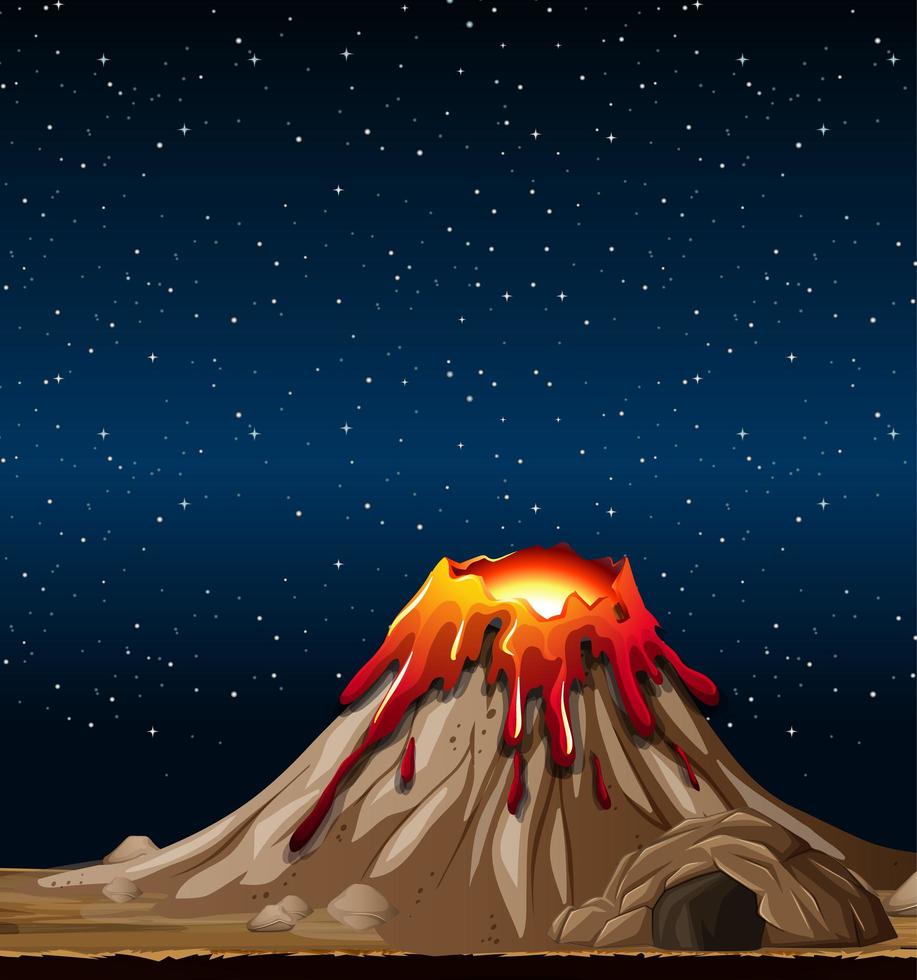 erupción del volcán en la escena de la naturaleza en la noche vector