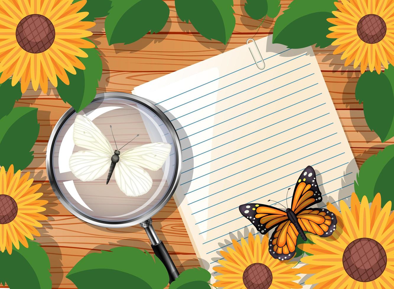 Top view of blank paper on table with leaves and sunflower elements vector