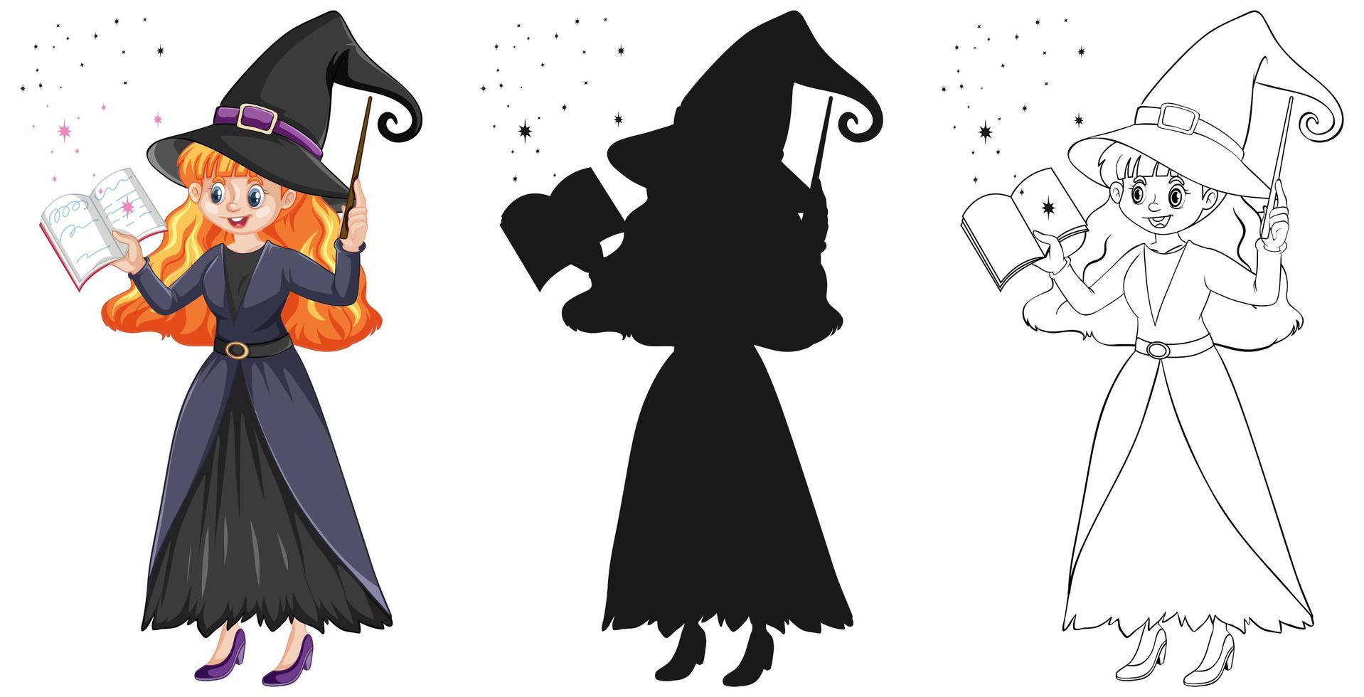 Young beautiful witch holding magic wand and book in color and outline and silhouette isolated on white background vector