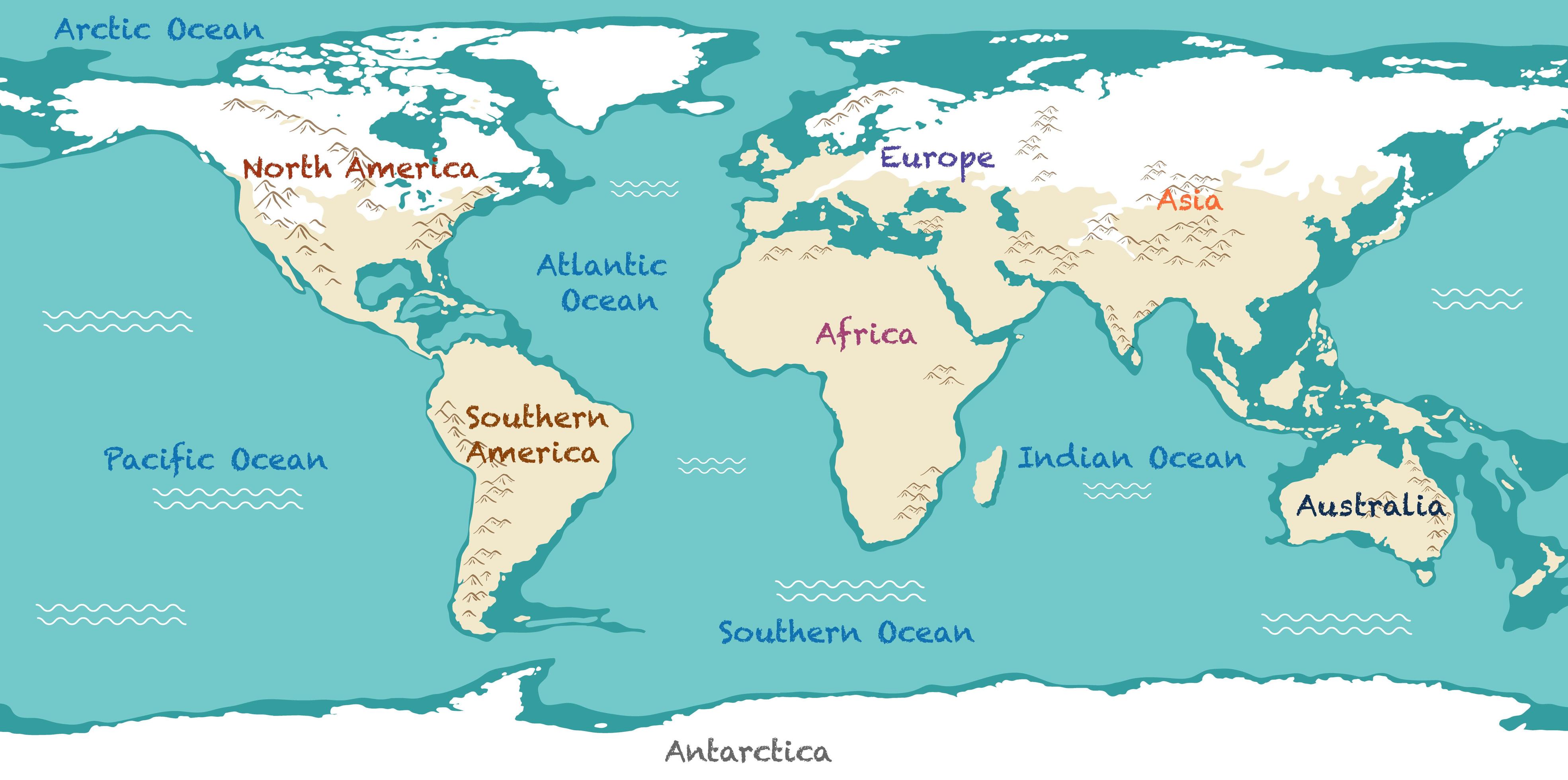 World Map With Continents And Oceans Printable