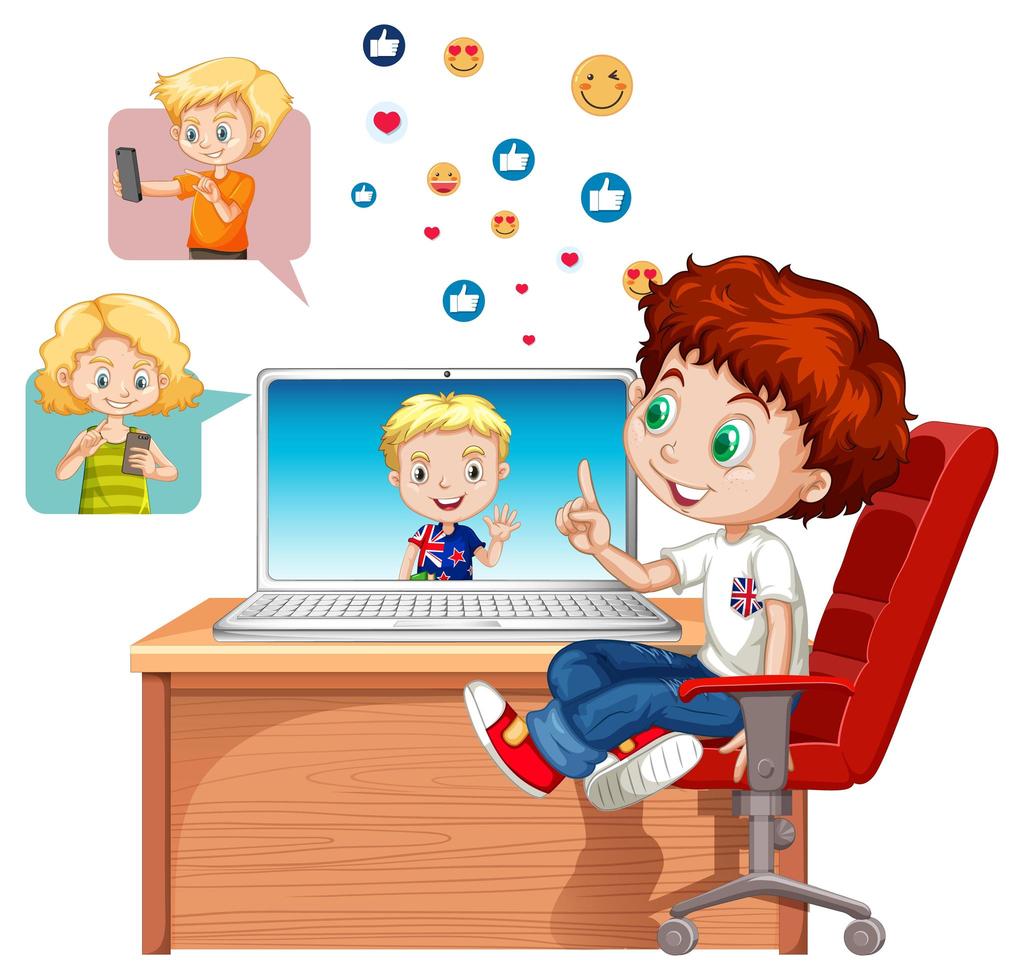 Children with social media elements on white background vector