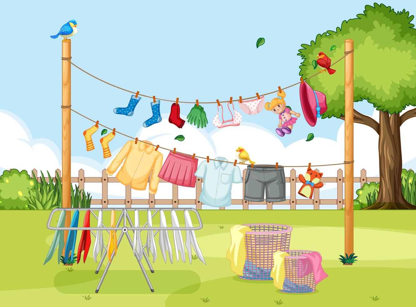 Clothes hanging on line in the yard vector