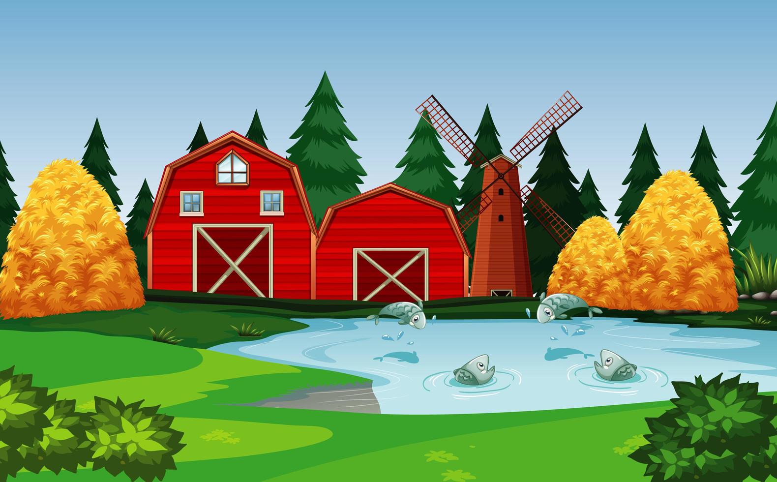 Farm with red barn and windmill scene vector