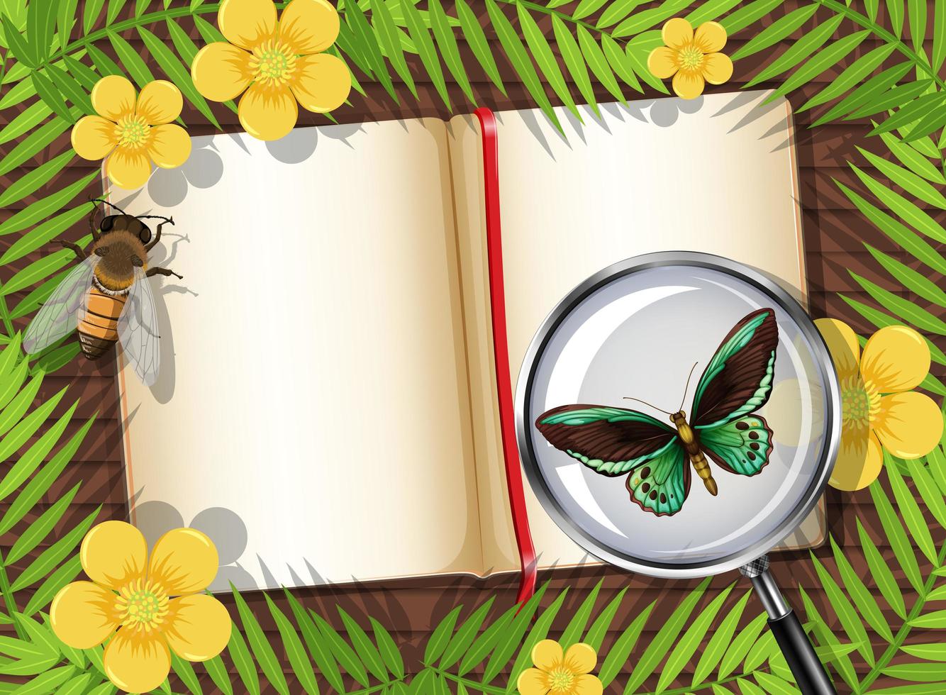 Top view of wooden table with blank page of book and insects and leaves element vector