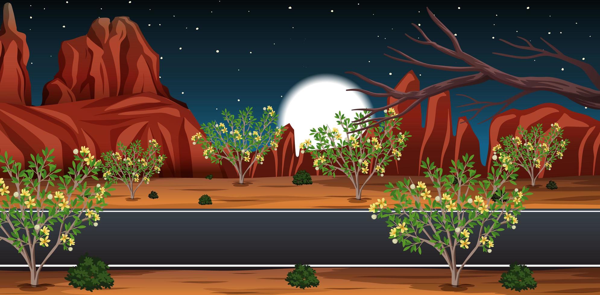 desierto salvaje con paisaje de camino largo en la escena nocturna vector