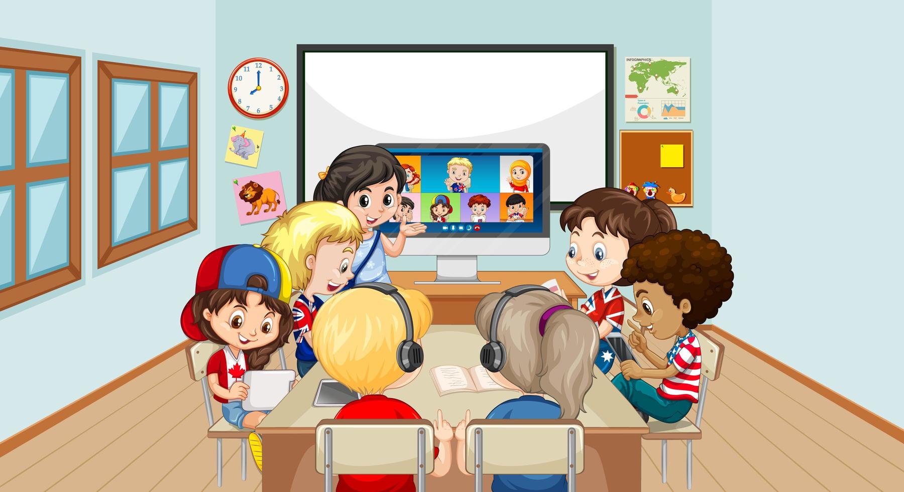 Niños que usan una computadora portátil para comunicarse por videoconferencia con el maestro y amigos en la escena del aula vector