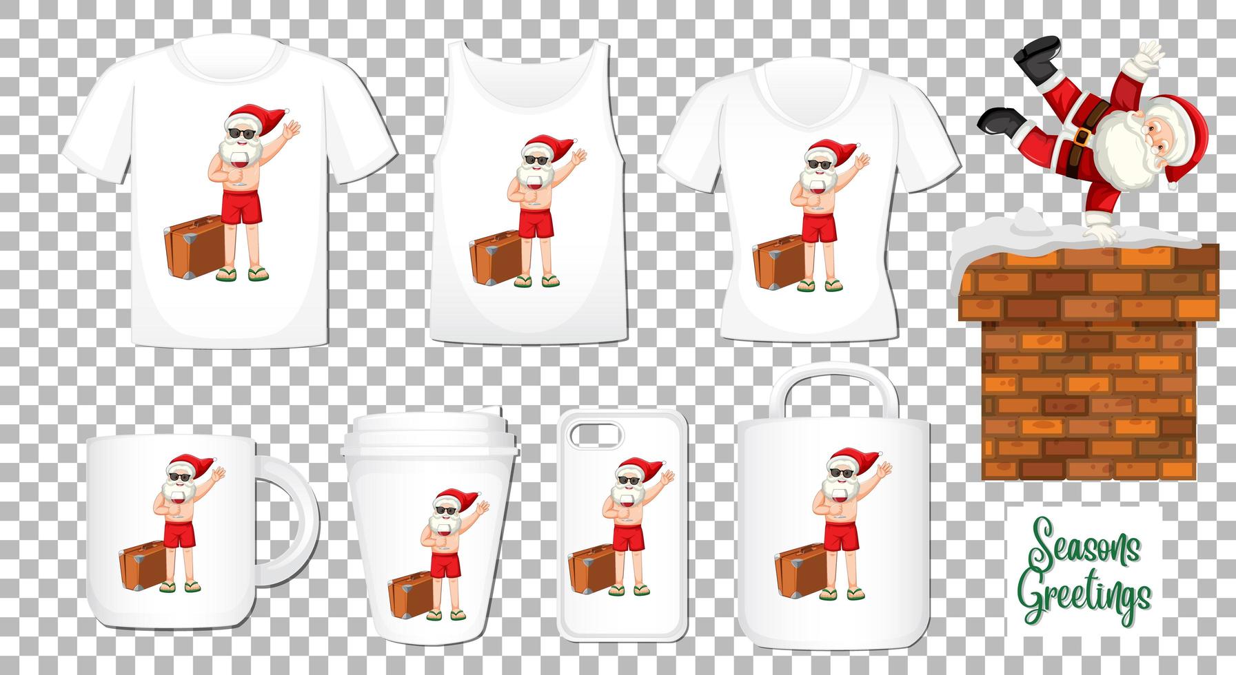 Santa claus bailando personaje de dibujos animados con un conjunto de diferentes productos de ropa y accesorios sobre fondo transparente vector