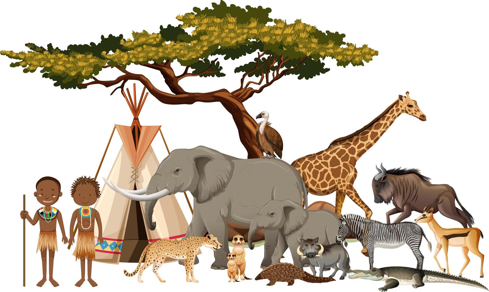 Tribu africana con grupo de animales salvajes africanos sobre fondo blanco. vector