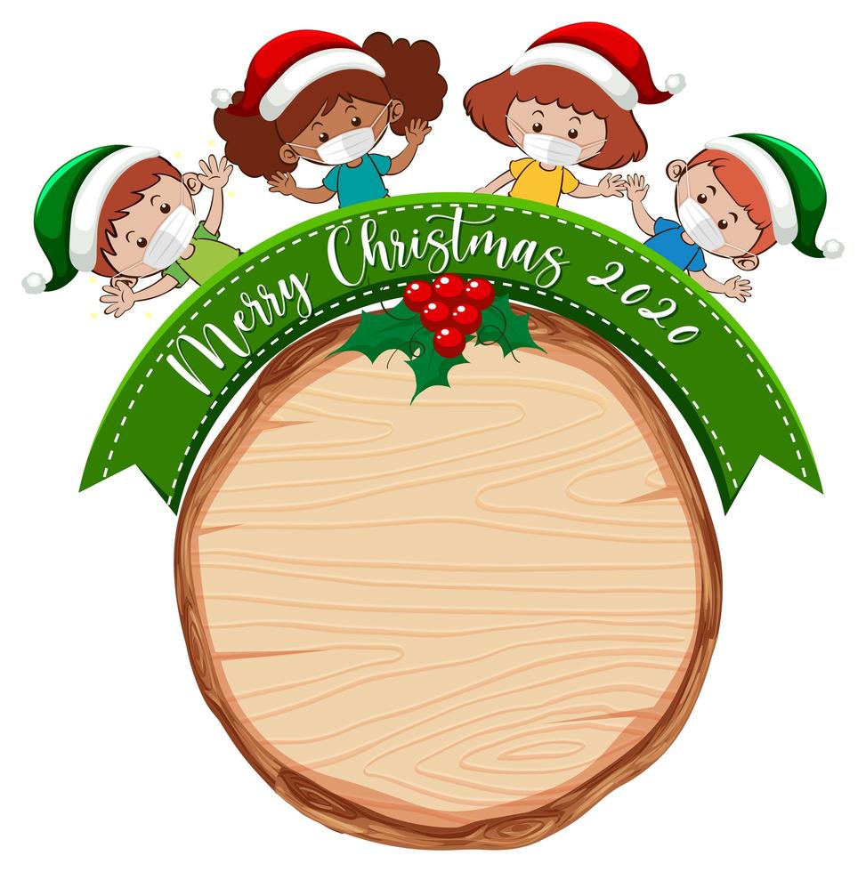 Blank wooden board with Merry Christmas 2020 font logo and children wear mask vector