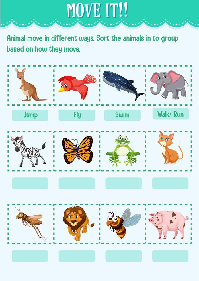 Sort the animal into the group based on how they move worksheet for  kindergarten 1591313 Vector Art at Vecteezy