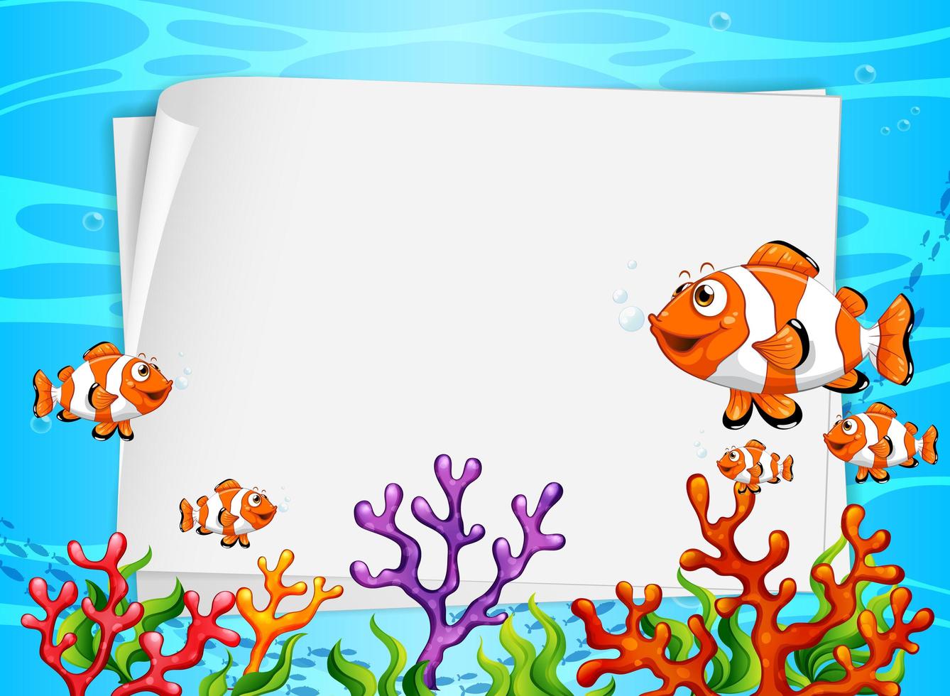 Blank paper banner with exotic fish and undersea nature elements on the underwater background vector