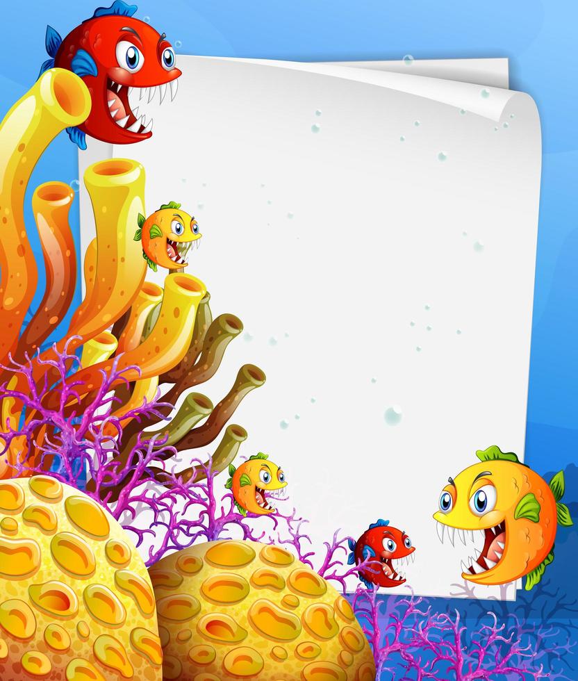 Plantilla de papel en blanco con personaje de dibujos animados de peces exóticos en la escena submarina vector