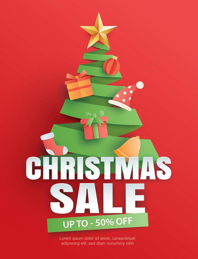 Christmas sale with tree symbol on red background vector