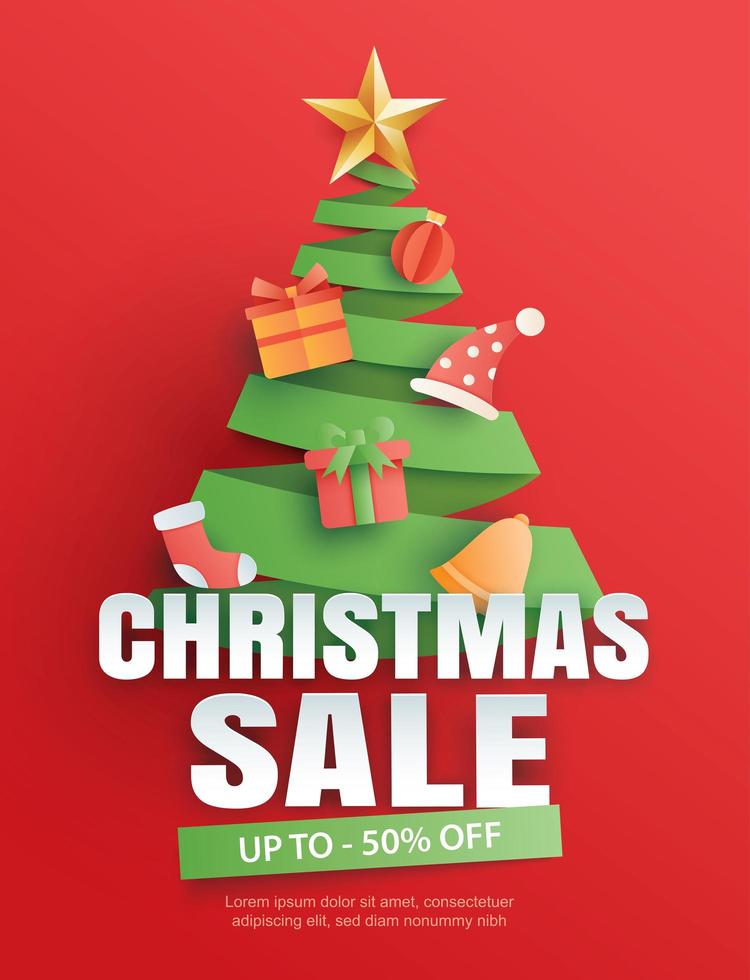 Christmas sale with tree symbol on red background vector