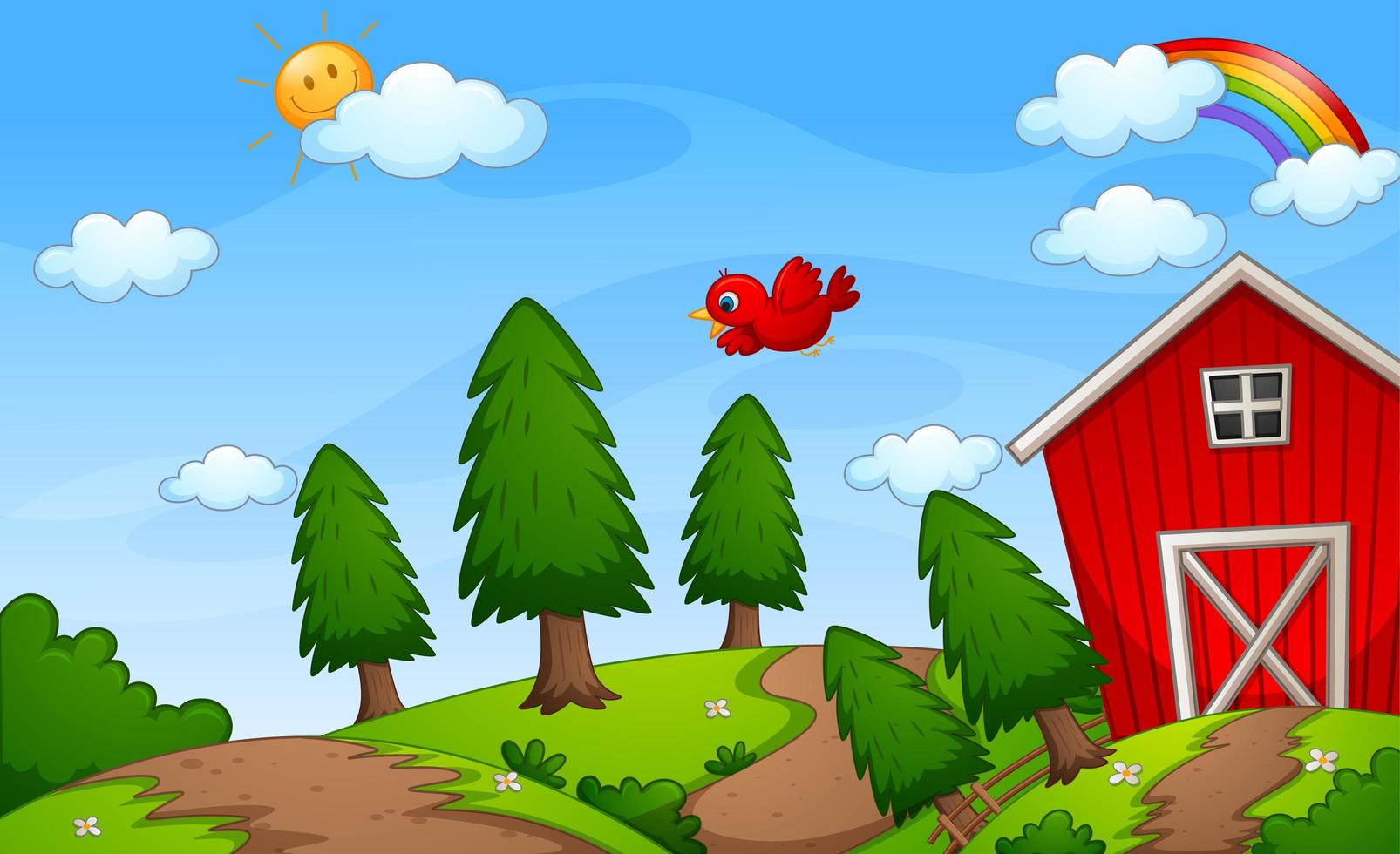 Red barn farm in nature scene with rainbow in the sky vector