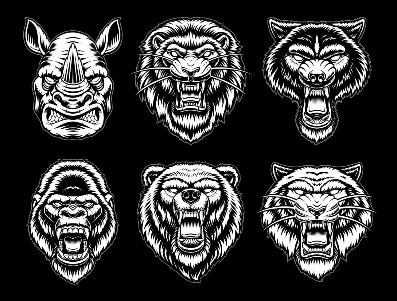 un conjunto de animales en blanco y negro. vector