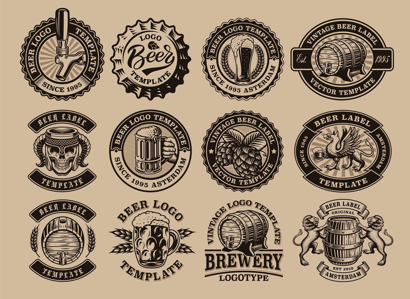 A bundle of black and white vintage beer emblems vector