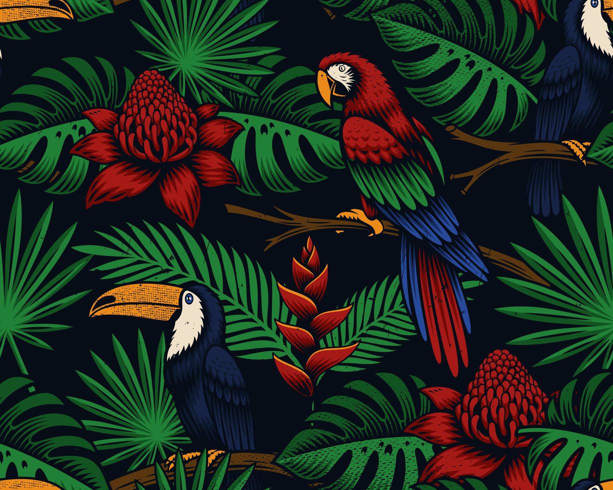 Tropical seamless background with exotic birds and flowers vector