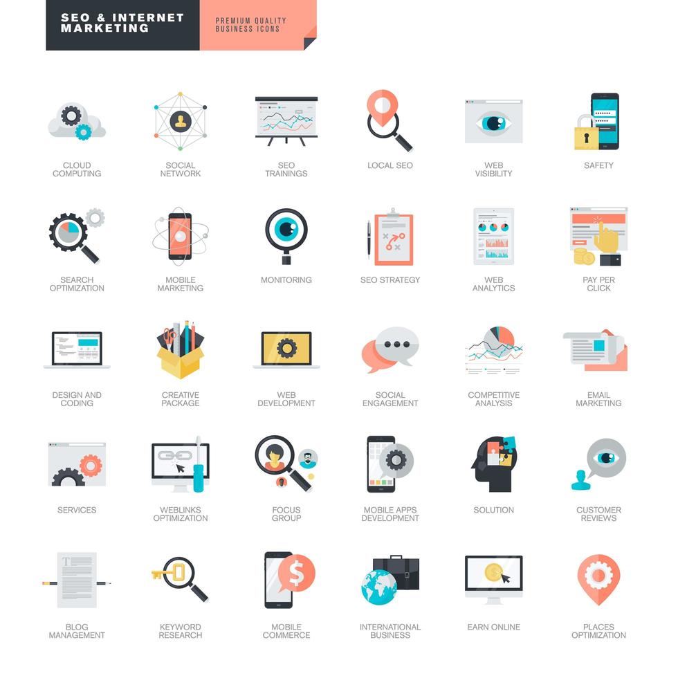 Set of flat design icons for SEO and internet marketing vector