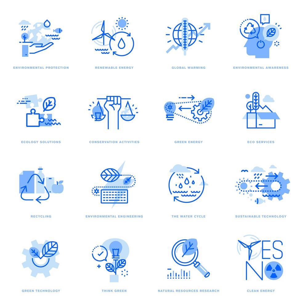 Set of flat line icons of ecology and green technology vector