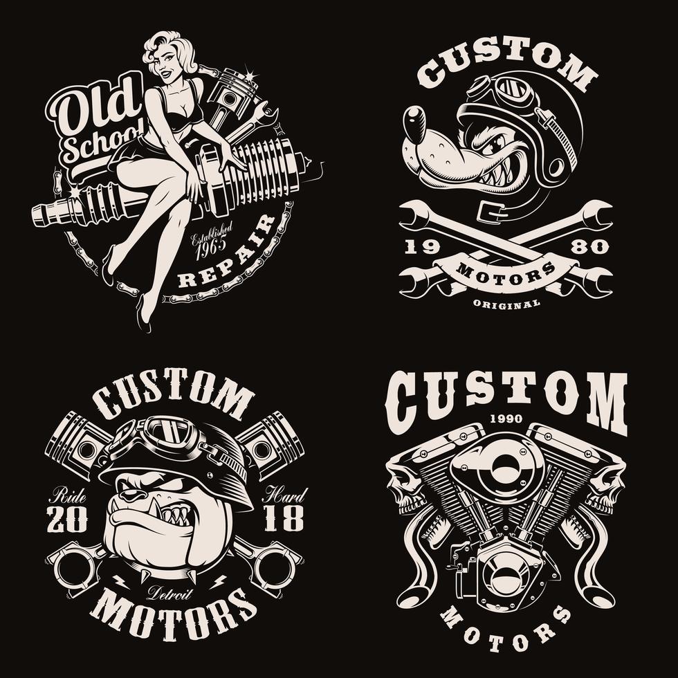 A set of black and white vintage biker emblems vector