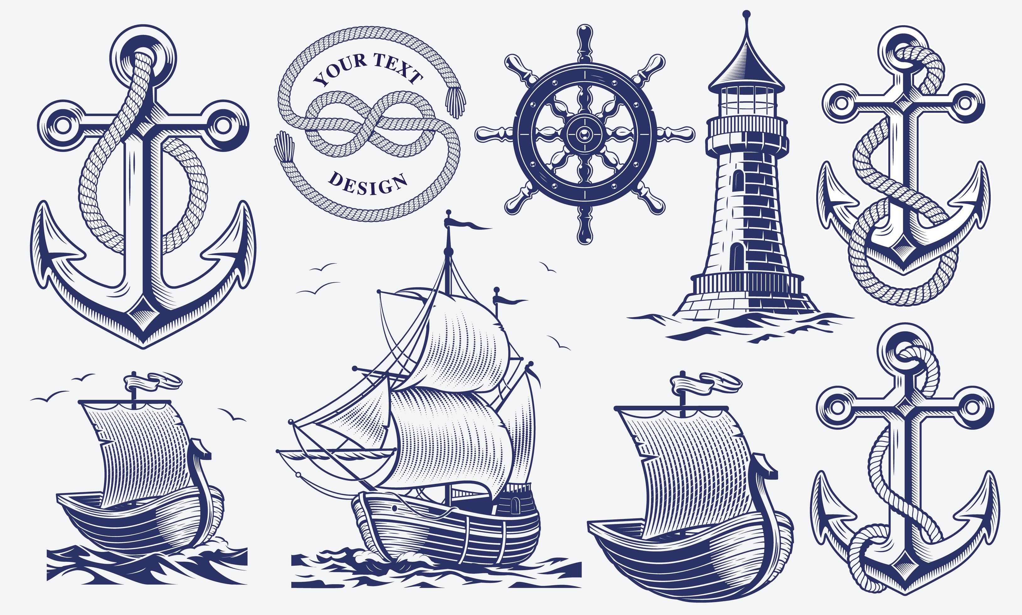 A set of black and white vintage nautical 1591454 Vector Art at Vecteezy
