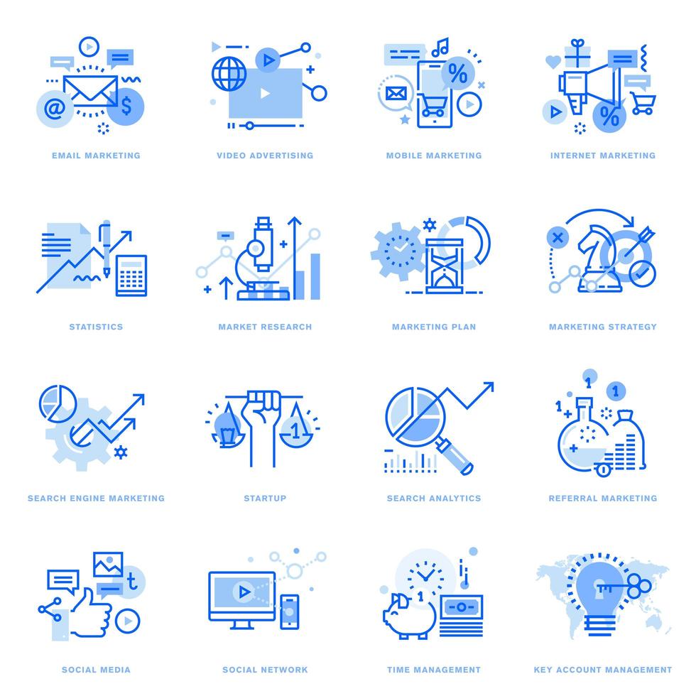 conjunto de iconos de línea plana de marketing digital y negocios vector