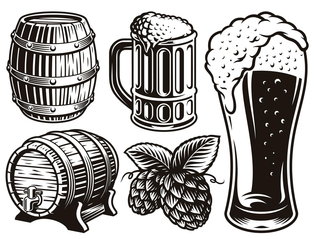 ilustraciones en blanco y negro para el tema de la cerveza. vector