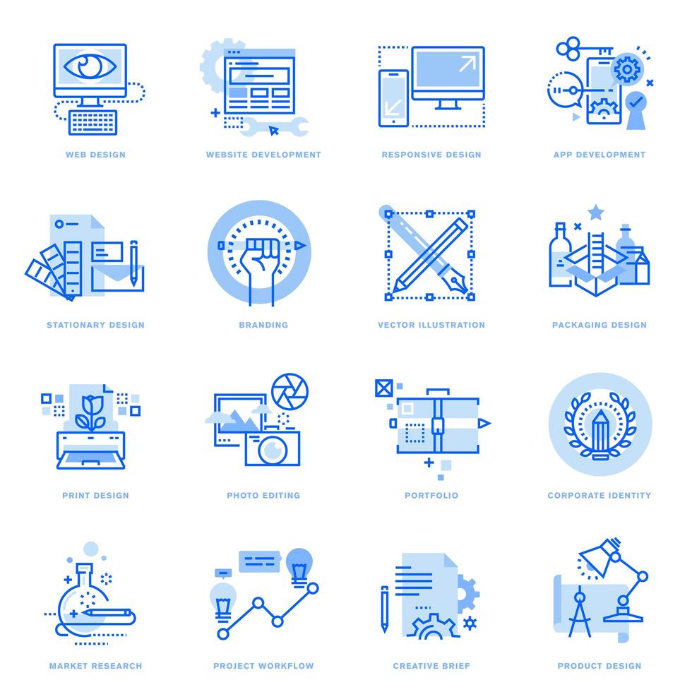 Set of flat line icons of graphic and web design and development vector