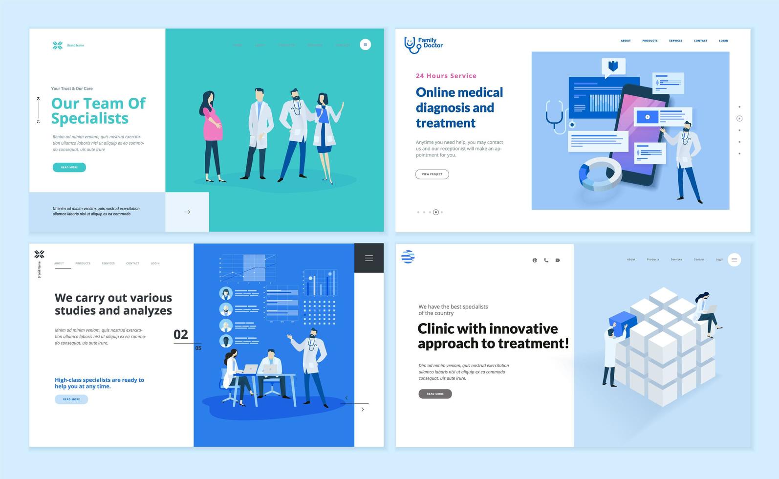 Plantillas de diseño de páginas web de medicina y salud. vector