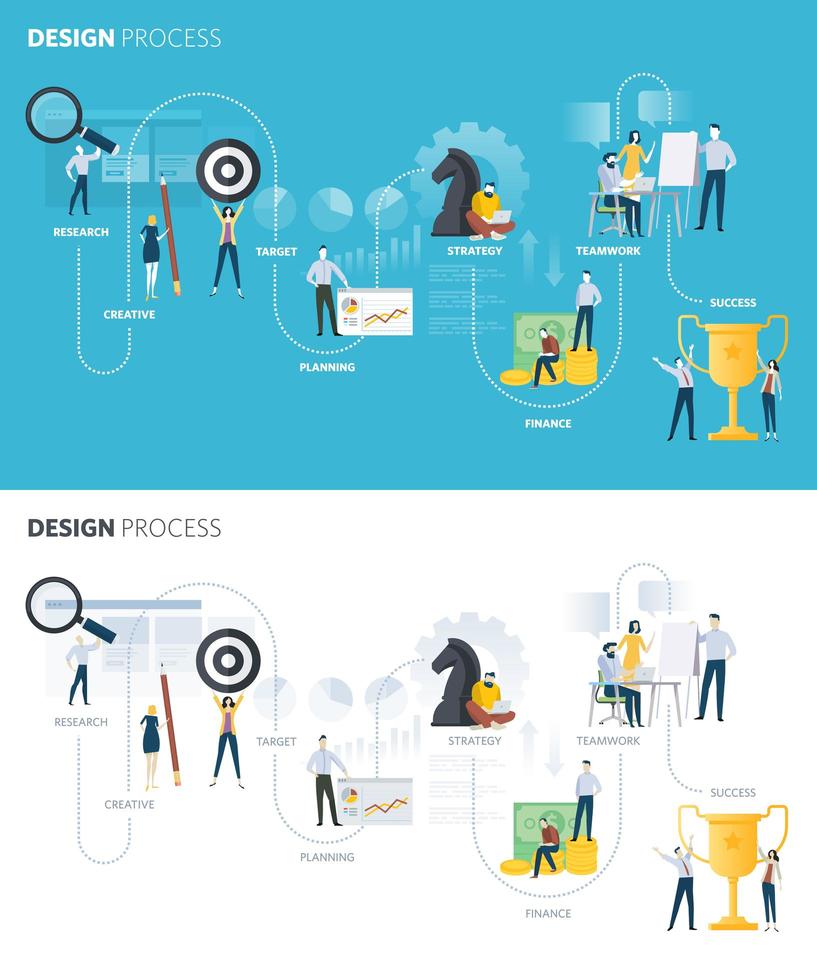Banners web de estilo de diseño plano del proceso de diseño. vector