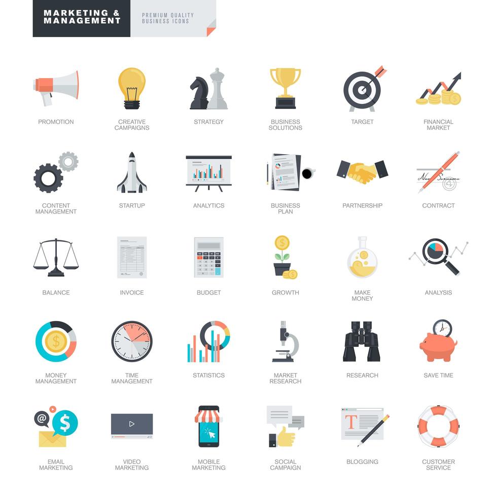 conjunto de iconos de diseño plano para negocios y marketing vector